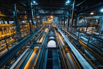 Fototapeta premium A dynamic view of an industrial facility featuring intricate machinery and illuminated pathways for efficient production.