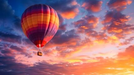 Fototapeta premium Hot Air Balloon at Sunrise: A vibrant hot air balloon floating gracefully in the sky at sunrise. 