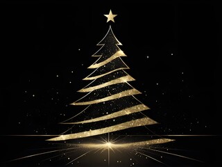 Obraz premium abstract Silhouette of a Christmas tree with a star diagonal with geometric lines on dark black background. Gold glitter effect