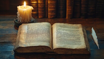 Obraz premium Open Antique Book with a Candle, Quill Pen, and Bookshelf in the Background