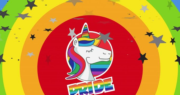 Animation of pride lgbtq text, unicorn and stars falling over rainbow background