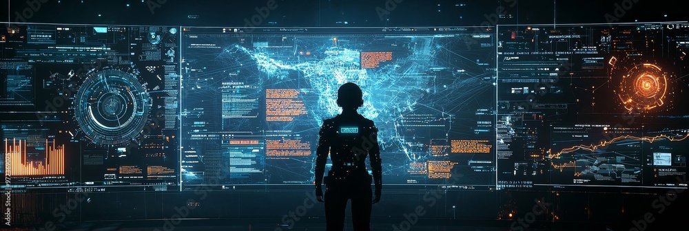 Poster As part of his efforts to stay competitive, a businessman collaborates with AI algorithms in a high-tech environment