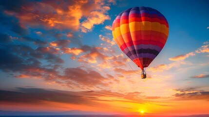 Fototapeta premium Hot Air Balloon at Sunrise: A vibrant hot air balloon floating gracefully in the sky at sunrise. 