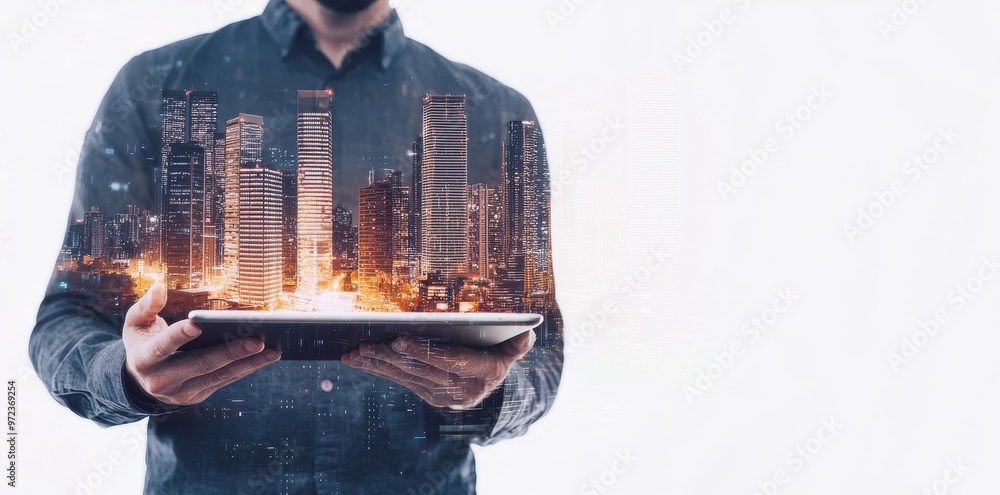 Aufkleber digital tablet used by a man with a hologram of a modern building. real estate business and building