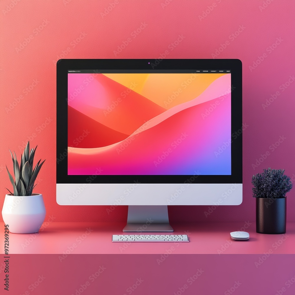Poster pink desk with computer keyboard and mouse