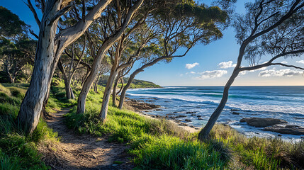 A coastal scene featuring Australian tea trees and hardy coastal plants thriving near the shoreline 