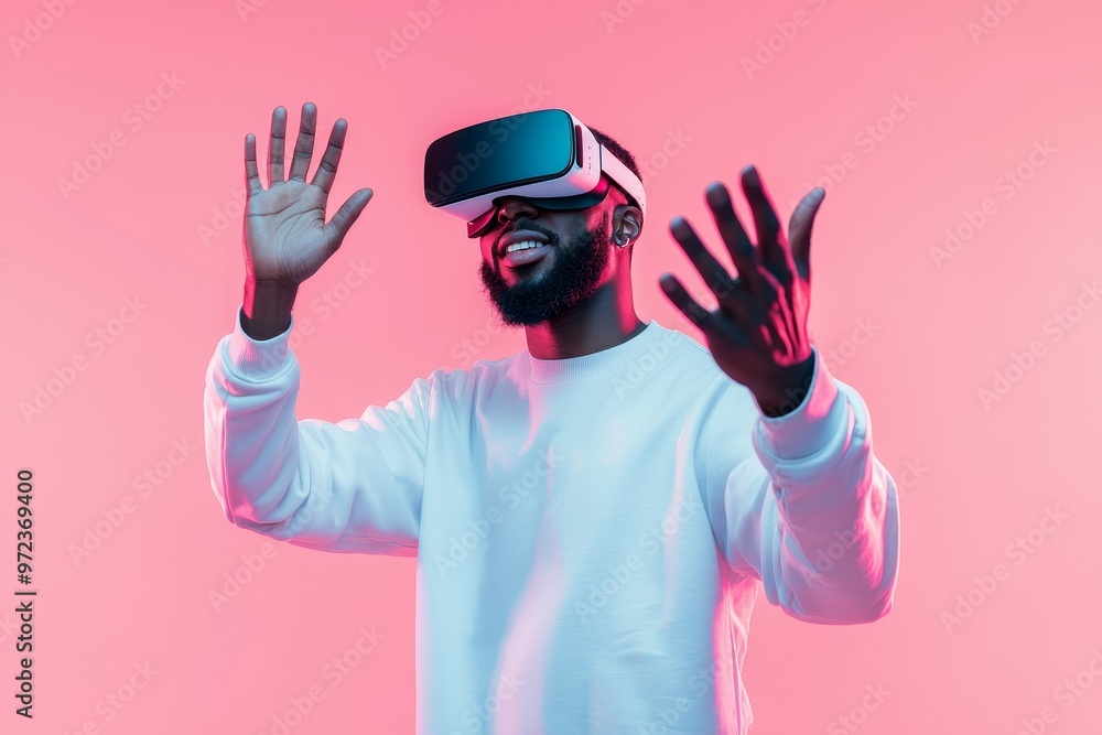 Poster using a virtual reality headset while playing video games, an african american man in vr glasses tri