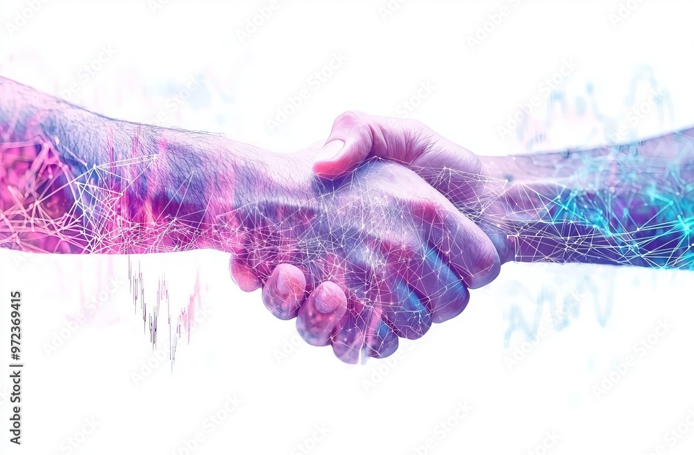 Aufkleber Handshake between business man and global world map, network connection graph chart, digital technology, internet communication, teamwork and partnership concept.