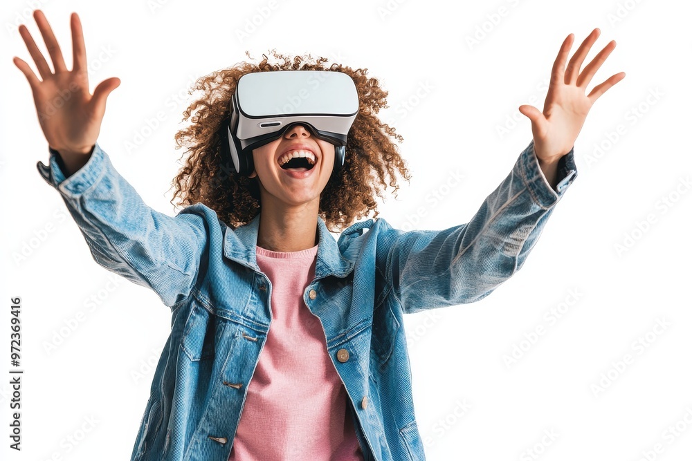 Aufkleber A smiling positive woman wearing virtual reality goggles wearing a VR headset uses the VR box to try to touch objects in virtual reality. Studio shot on gray background.