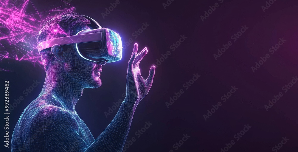 Poster a man is wearing a virtual reality headset. the image has a glitchy appearance.