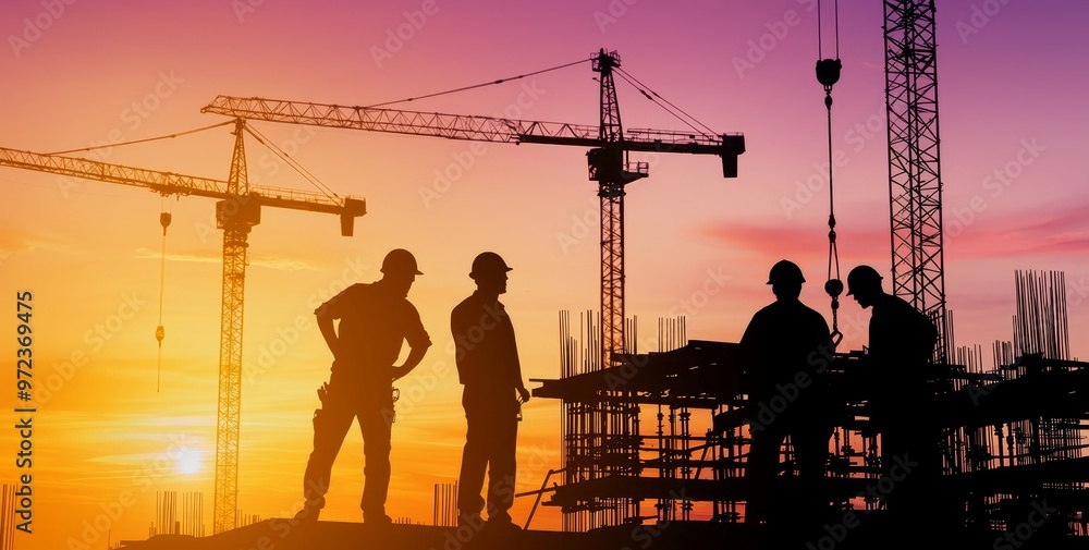 Poster Engineer and construction team silhouettes working at site over blurred background with light fair. Together, we created this image using multiple reference images.