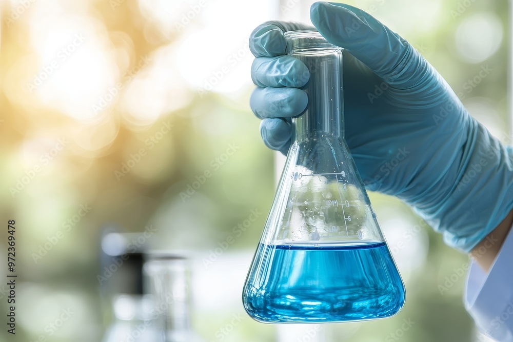 Poster research and development concept of scientist holding flask with lab glassware in a chemical lab