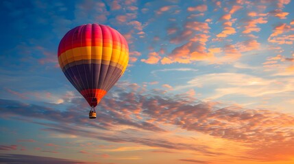 Obraz premium Hot Air Balloon at Sunrise: A vibrant hot air balloon floating gracefully in the sky at sunrise. 