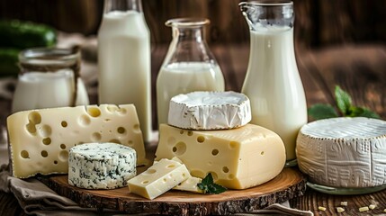 Assorted dairy products including cheese, milk, yogurt, and fresh ingredients on wooden platter