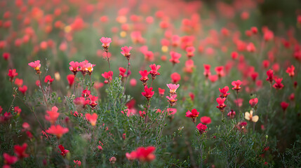 Obraz premium A field of vibrant red and pink Sturt's desert pea flowers blooming in the Australian outback 