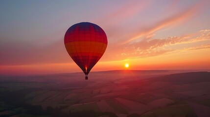Naklejka premium Hot Air Balloon at Sunrise: A vibrant hot air balloon floating gracefully in the sky at sunrise. 