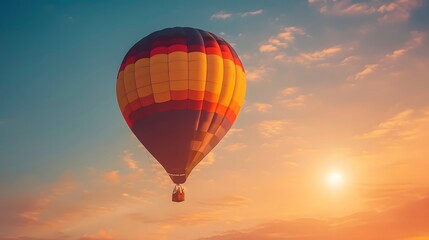 Obraz premium Hot Air Balloon at Sunrise: A vibrant hot air balloon floating gracefully in the sky at sunrise. 