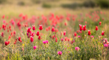 Fototapeta premium A field of vibrant red and pink Sturt's desert pea flowers blooming in the Australian outback 