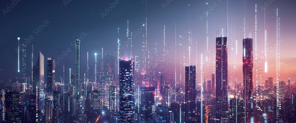 Leinwandbilder The concept of the smart city connects the abstract dot point design with the gradient line and intricate wave line design. It is a concept of the big data connection technology.