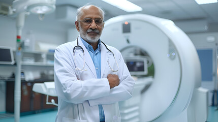Standing against the MRI machine in the background copy space is a confident senior desi doctor with folded hands