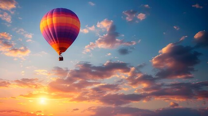 Obraz premium Hot Air Balloon at Sunrise: A vibrant hot air balloon floating gracefully in the sky at sunrise. 