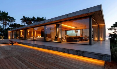Minimalist Modern House in Pine Forest, Portugal at Dusk