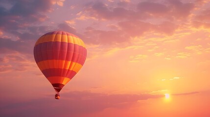 Fototapeta premium Hot Air Balloon at Sunrise: A vibrant hot air balloon floating gracefully in the sky at sunrise. 
