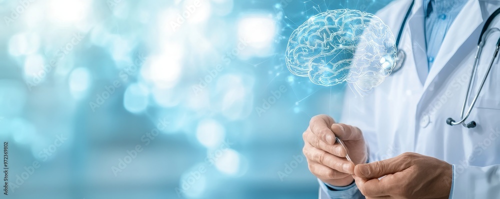 Aufkleber a female surgeon examines a patient's brain with human anatomy on a technological digital tablet wit