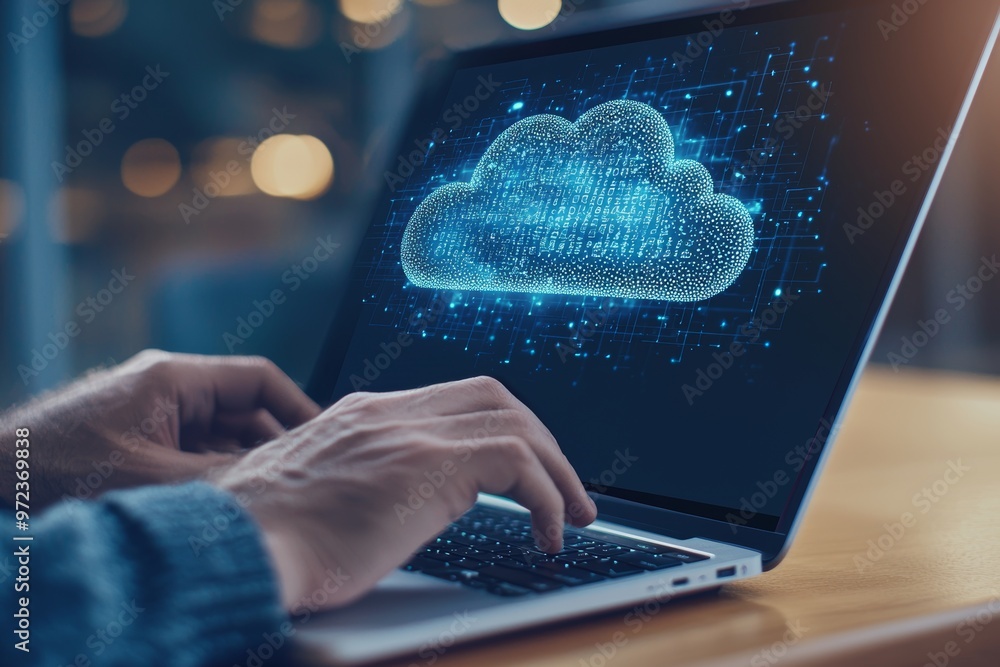 Aufkleber Technology of cloud computing and online data storage utilized by a business network. Computer connects to an internet server for the transfer of cloud data in 3D.