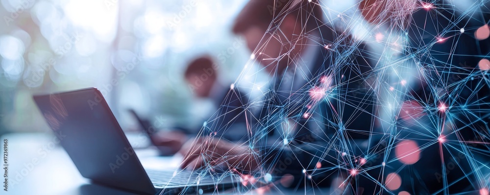 Poster Man working remotely from home with laptop. Concept of networking or remote work. Global business network. Online courses.