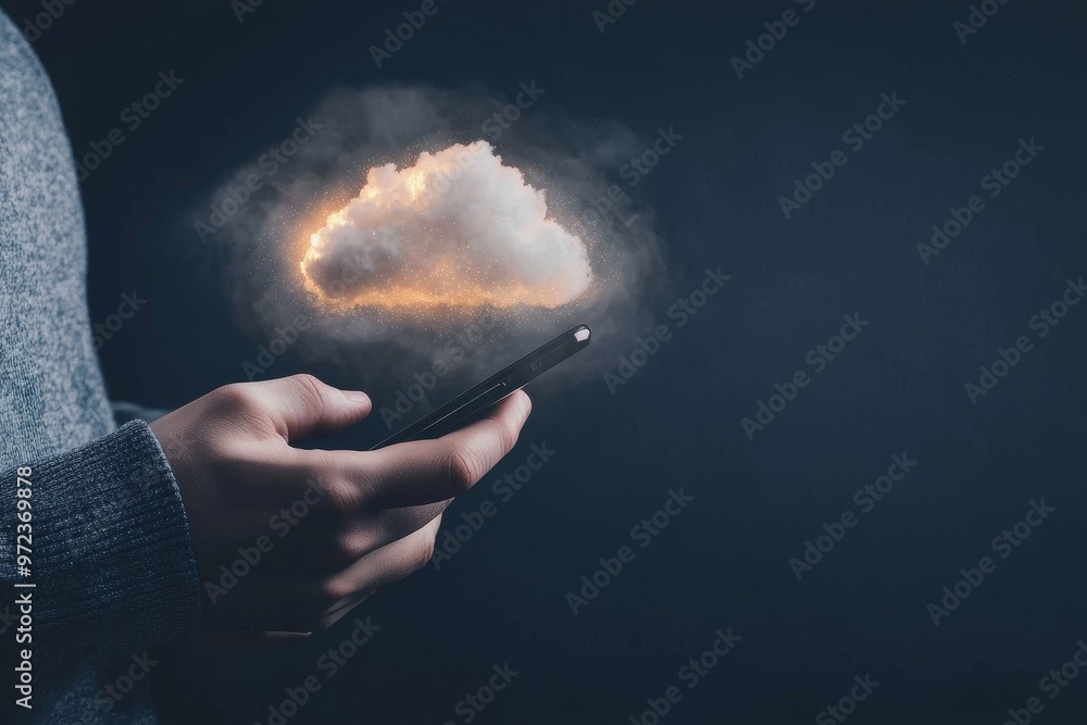 Poster Technology transformation concept showing businessman holding mobile phone with virtual cloud computing.