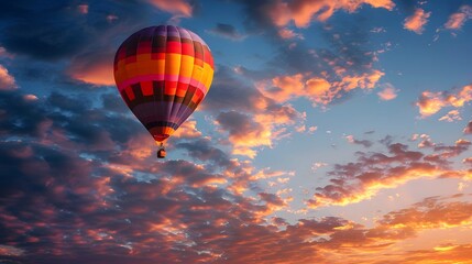 Fototapeta premium Hot Air Balloon at Sunrise: A vibrant hot air balloon floating gracefully in the sky at sunrise. 