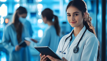 Portrait, girl doctor and tablet with team for collaboration on research project or clinical trial and hospital. Female neurosurgeon, digital technology and proud for progress of treatment