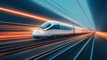 Fototapeta premium high-speed railway train racing along its track, with particle light trails creating a sense of movement and technological sophistication. The high-definition photography style sho
