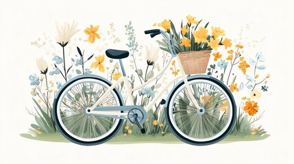 Fototapeta premium A vintage bicycle with a basket full of flowers sits in a field of blooming wildflowers.