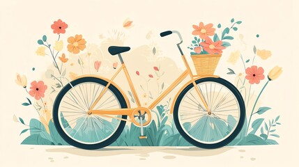 Fototapeta premium A yellow bicycle with a basket of flowers sits in a field of wildflowers.