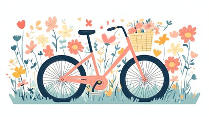 Fototapeta premium A whimsical illustration of a pink bicycle with a basket full of flowers, surrounded by a field of colorful blooms.