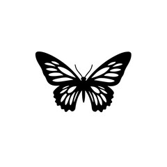 Black and white butterfly silhouette illustration, Simple black and white silhouette of a butterfly with intricate wing patterns, perfect for nature and design themes.

