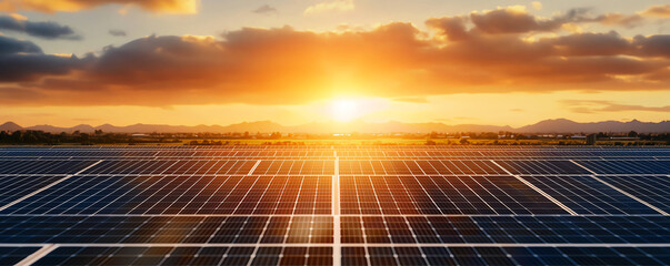 A stunning sunset over a field of solar panels, showcasing clean energy and sustainability in a beautiful landscape.