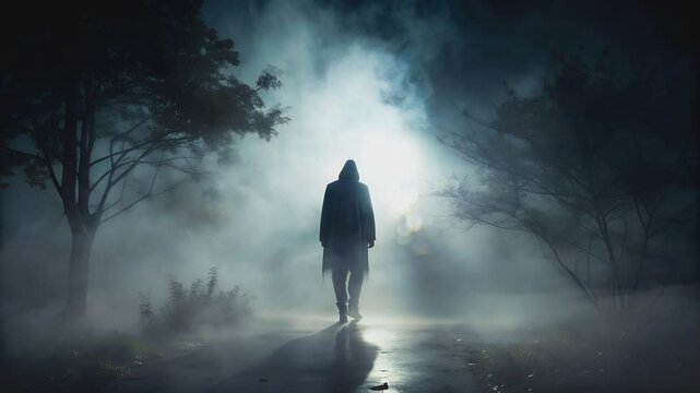 Mysterious figure walking in dark foggy forest at night