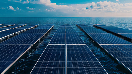 A stunning view of solar panels floating on water, harnessing renewable energy under a bright blue sky.