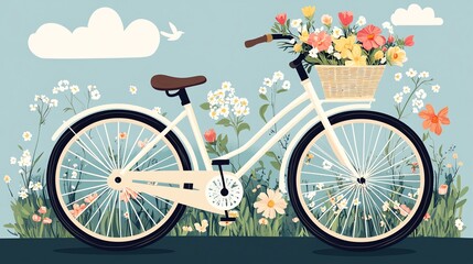 Fototapeta premium A white bicycle with a basket full of flowers, parked in a field of wildflowers.