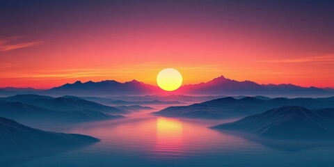 A  sunset over a vast mountain range reflected in a still lake