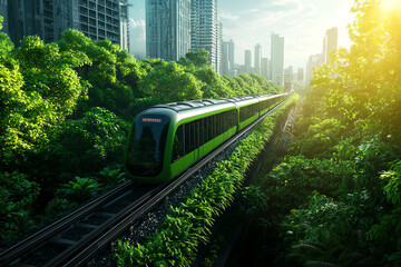 Obraz premium A vibrant train travels through lush greenery, merging city life with nature under a bright sunlit sky.