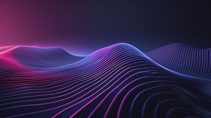 Naklejka premium A vibrant abstract landscape featuring flowing waves and dynamic lines, illuminated by pink and blue lighting. Product presentation background.