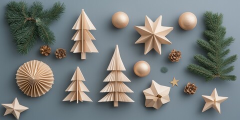 A collection of paper trees and stars on a blue background. Scene is festive and cheerful, as it is a representation of the holiday season