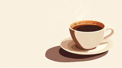 Obraz premium A steaming cup of coffee with a saucer on a cream background.