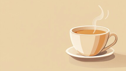 A steaming cup of coffee on a saucer against a light brown background.