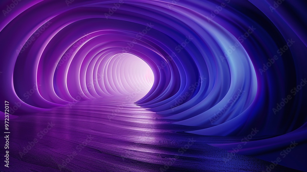 Poster a vibrant abstract tunnel with smooth curves illuminated in purple and blue hues, creating a surreal
