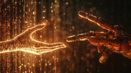 Connection Between Human and Machine - Futuristic Technology Concept with Data Streams on Dark Bronze Gradient Background